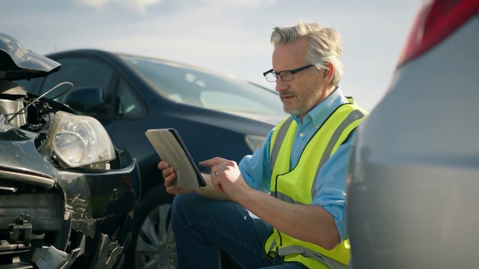Gutachter dokumentiert ein Unfallfahrzeug mit dem Tablet